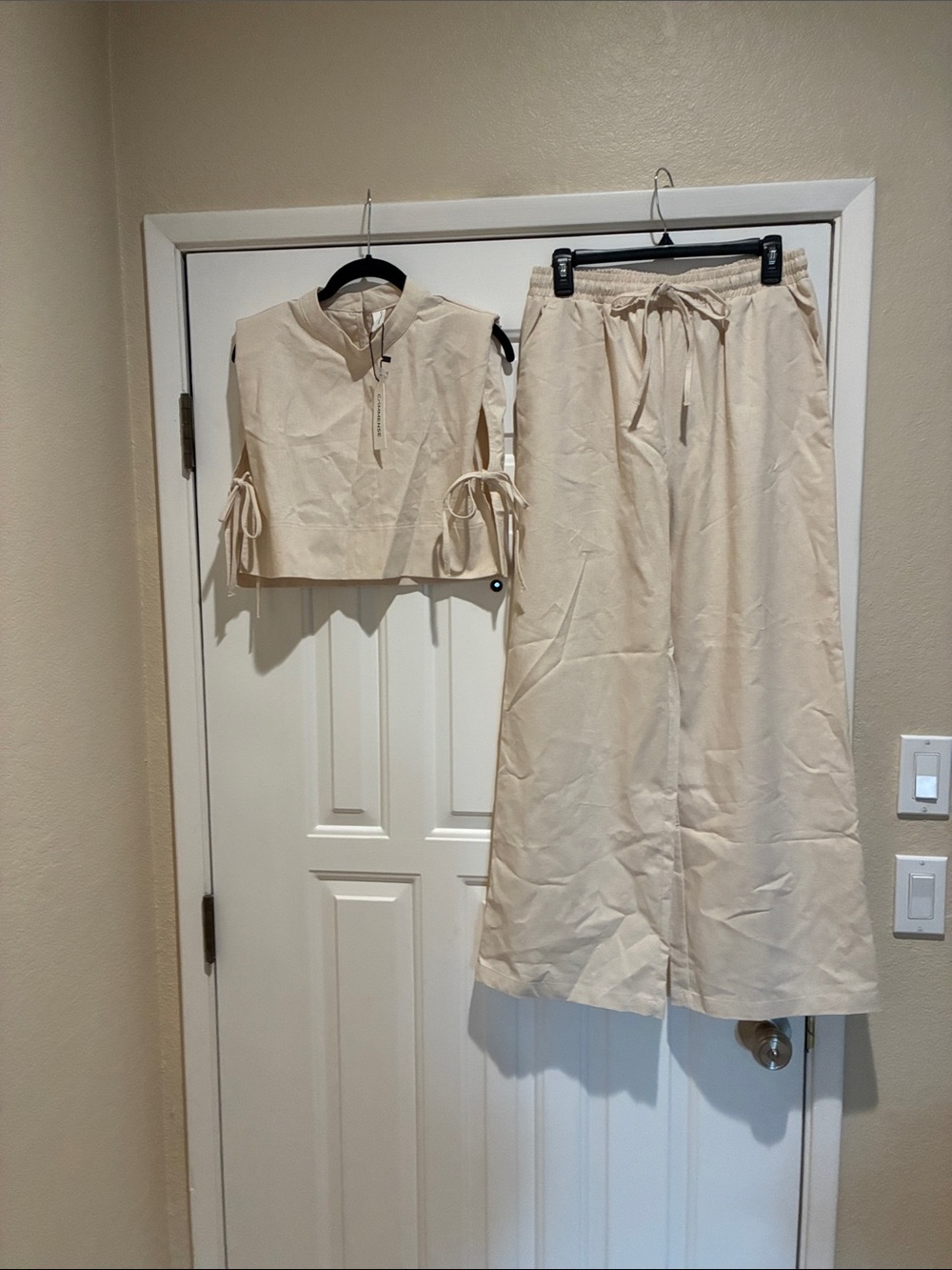 Commense Beige Two-Piece Wide-Leg Pants & Crop Top Set